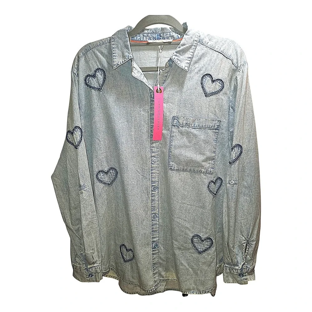 Jane & Delancey Heart Embroidered Chambray Button Down Shirt Blue L - Picture 3 of 3
